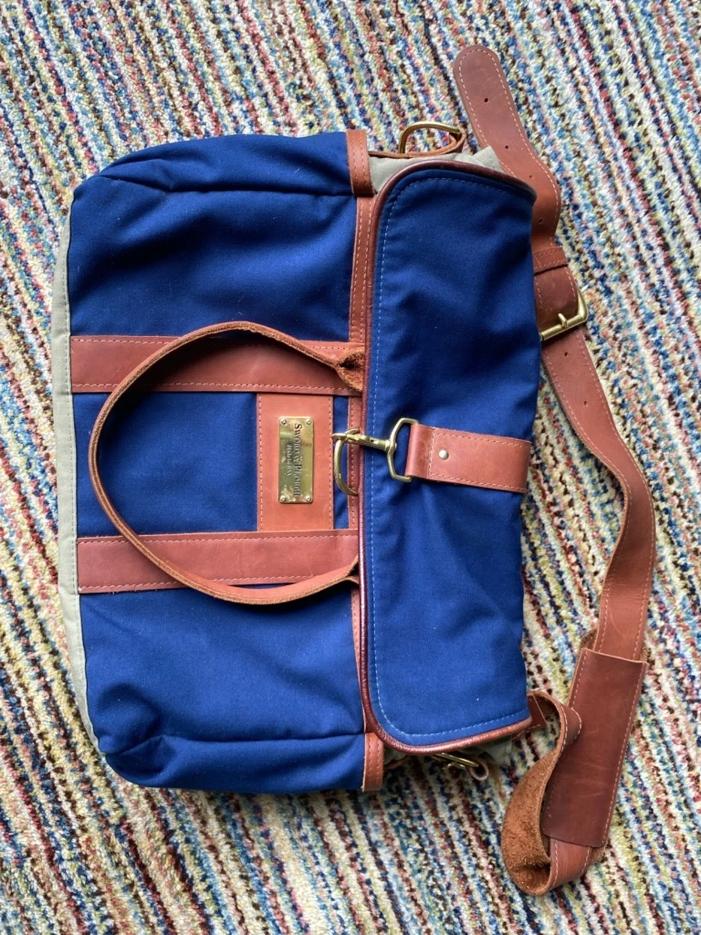 Sword & Plough Navy Canvas Leather Messenger Laptop Bag Made in USA